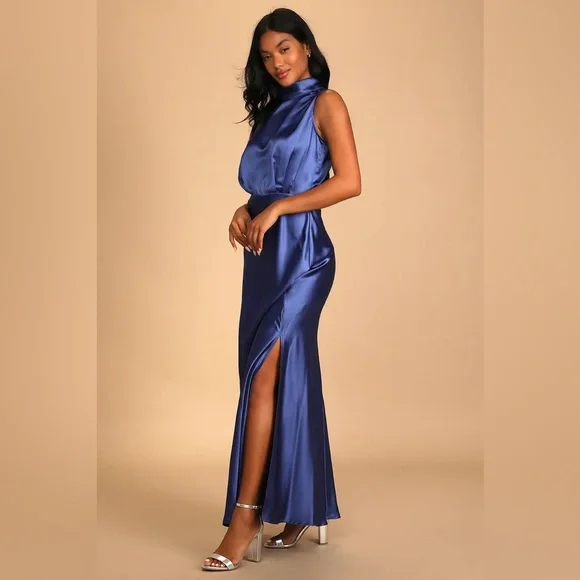 New Lulus Classic Elegance Blue Satin Sleeveless Mock Neck Maxi Dress Size 2X - Picture 2 of 4